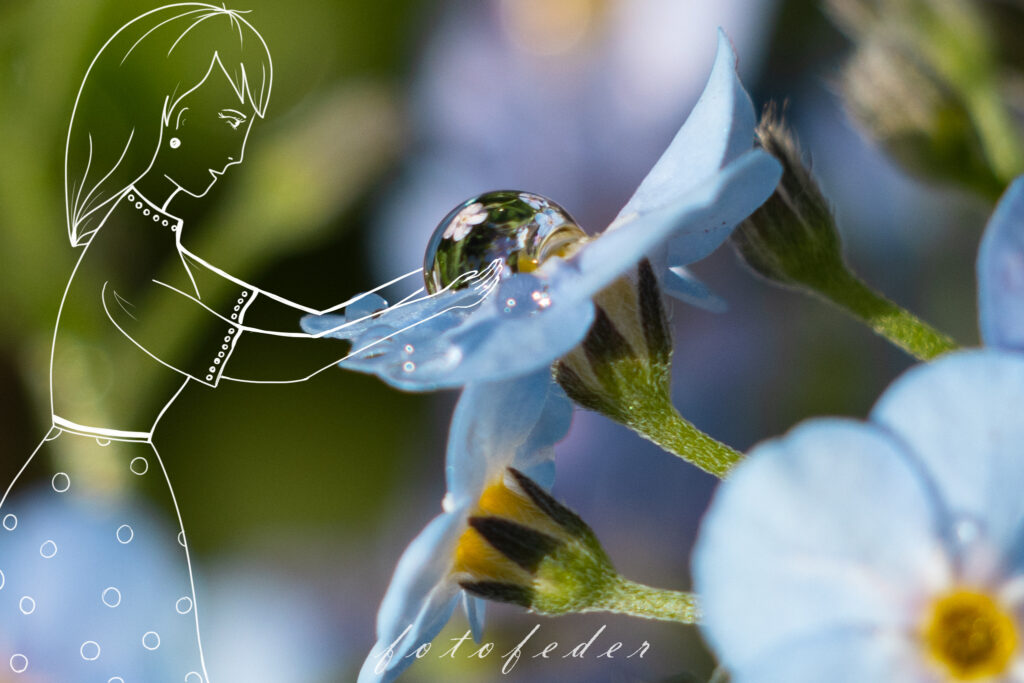 Mädchen hält Tropfen in der Hand, in dem sich Blumen spiegeln